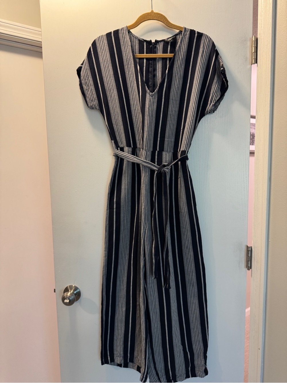 Rails Navy and White Vertical-Stripe Wide-Leg Jumpsuit with Tie Belt